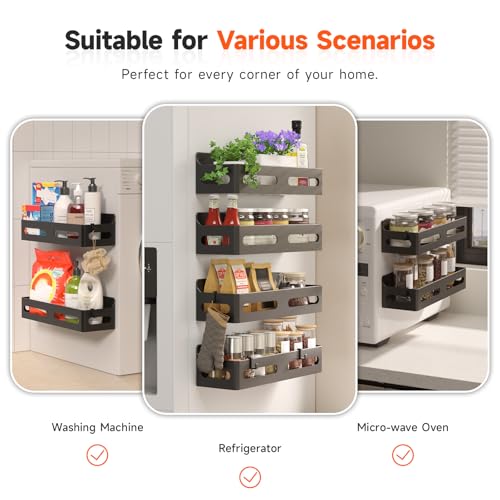 4-Pack Magnetic Spice Rack for Refrigerator with Hooks, Black | Strong multipurpose magnetic shelf for kitchen & bathroom organization. Includes 4 removable hooks for hanging items.