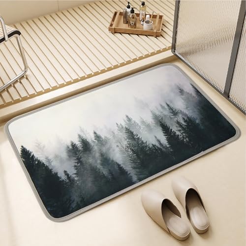 ORTIGIA Misty Forest Bathroom Rug, 16x24 Black Thin Bath Mat Doormat Floor Mat Absorbent Quick Dry Non Slip, Diatomaceous Mud Mats with Rubber Backing for Shower Tub Sink Laundry Kitchen Doorway