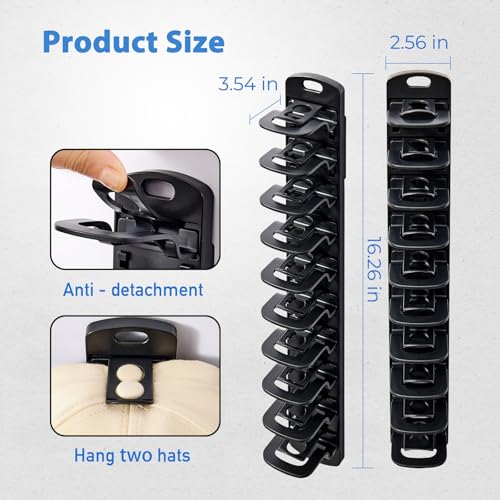 MACOPRO Hat Organizer Holder for Baseball Caps for Wall, 2 Pack Racks | Holds Up To 20 ball Caps, Cap Racks on Wall, Door, Closet For Storage & Display, no Drill or Drill.