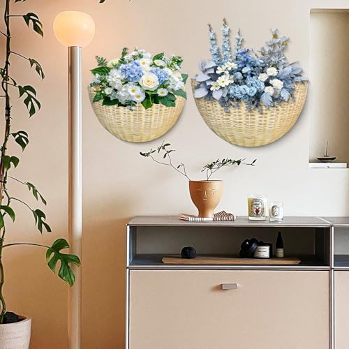 Scalloped Wall Basket, 2pcs Hand Woven Hanging Wicker Wall Baskets Set, Scalloped Rattan Wall Storage & Decor for Home, Bathroom, Kitchen, Living Room (16 x 12 x 7 & 14 x 8 x 6 Inch)