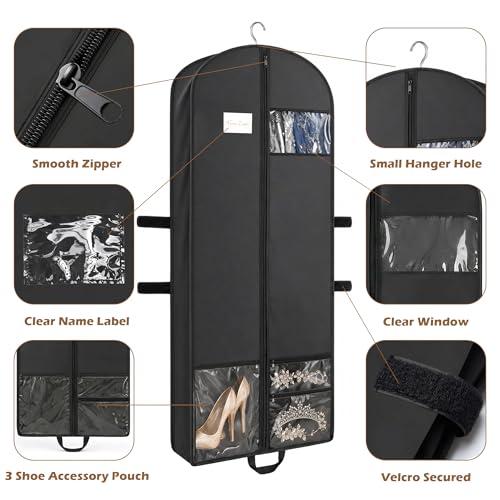 65" Long Garment Bags, 2 Pack Waterproof Travel Dress Bags for Hanging Clothes, Wedding Dress Cover Clothes Protector for Closet Storage, Suitable for Gowns, Tuxedos, Coats, Black
