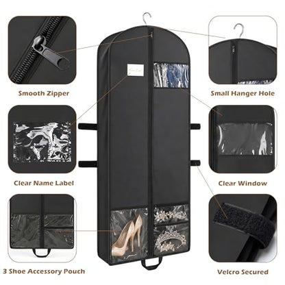 65" Long Garment Bags, 2 Pack Waterproof Travel Dress Bags for Hanging Clothes, Wedding Dress Cover Clothes Protector for Closet Storage, Suitable for Gowns, Tuxedos, Coats, Black