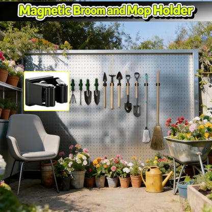 Magnetic Broom and Mop Holder Wall Mount, Black 4 Pack | Space-Saving magnetic broom holder, heavy duty magnet hooks, no-drill over the door broom gripper,RV Camper Wall Organizer