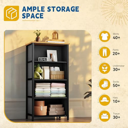 DWVO 4 Drawers Dresser, Small Dresser for Bedroom | Fabric Storage Tower, Organizer Unit for Closets, Living Room, Sturdy Steel Frame, Wooden Top, Easy Pull Handle