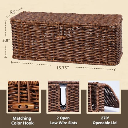 BROWNLILY Cable Management Box, Rattan Style Cord Organizer for Desk Cord Hider Outlet Covers for Power Strip TV PC Router Charger Under Desk Storage with Lockable Lid and Cable Ties