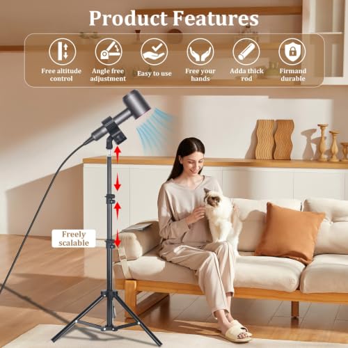 Hands Free Hair Dryer Stand with Tripod, 23.6-47.2 Inch Adjustable Height, 180° Rotating Universal Clip, Foldable Metal Blow Dryer Holder for Bathroom Vanity Makeup Room Home Styling & Pet Grooming, Fits Most Hair Dryers