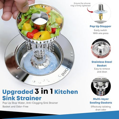 Upgraded 3 in 1 Kitchen Sink Drain Strainer (Silver-2Pack) | Stainless Steel Sink Stopper, Anti-Clogging Food Catcher Basket, Bounce Core Drain Strainer Plug for 3 1/2 inch Drain