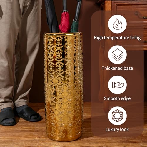 ZOEJADE 24" H Golden Ceramic Umbrella Holder Entryway Decor Umbrella Stand | Shining Luxury Style Indoor Decor Porcelain Large Floor Vase for Storing Umbrellas Walking Sticks Canes Golf Clubs