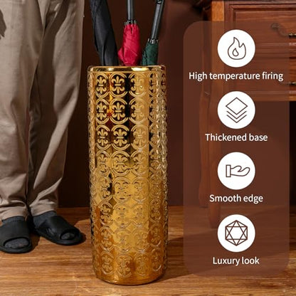 ZOEJADE 24" H Golden Ceramic Umbrella Holder Entryway Decor Umbrella Stand | Shining Luxury Style Indoor Decor Porcelain Large Floor Vase for Storing Umbrellas Walking Sticks Canes Golf Clubs