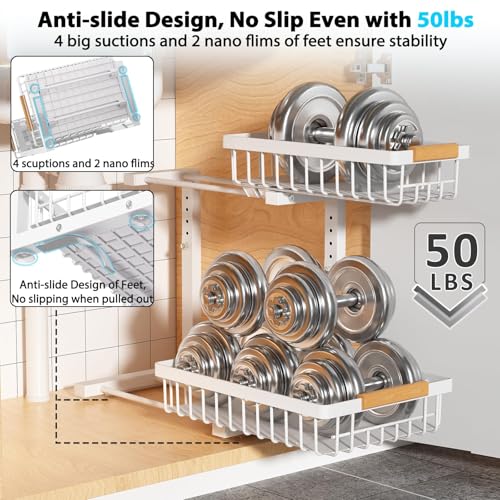 Under Sink Organizer 2 Pack, 2 Tier Slide Out Large Capacity Height Adjustable Under Sink Organizers and Storage for Kitchen Bathroom Cabinet, White