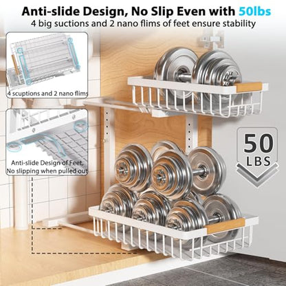Under Sink Organizer 2 Pack, 2 Tier Slide Out Large Capacity Height Adjustable Under Sink Organizers and Storage for Kitchen Bathroom Cabinet, White