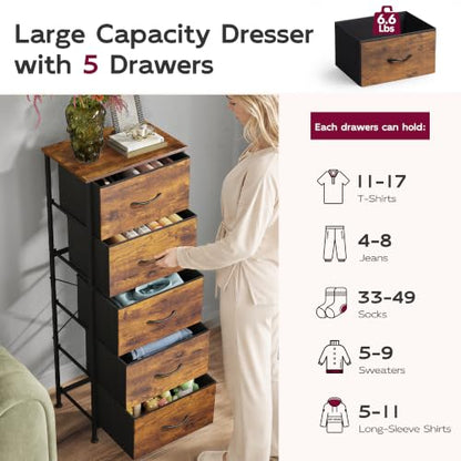 WLIVE Tall Dresser for Bedroom, 5 Drawer Dresser, Rustic Brown | 5 vertical fabric drawers, Tall vertical design, Bedroom or closet use, Dresser for small spaces, Chest of drawers