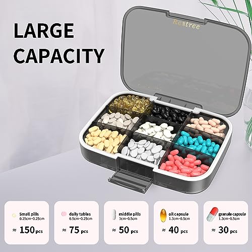 Restree Pill Organizer, Large & Moisture Proof Travel Pill Case, Adjustable Dividers for Daily Vitamins, Supplements, Fish Oil - Portable Medicine Box for Home & On-The-Go, 9 Compartment (Black)