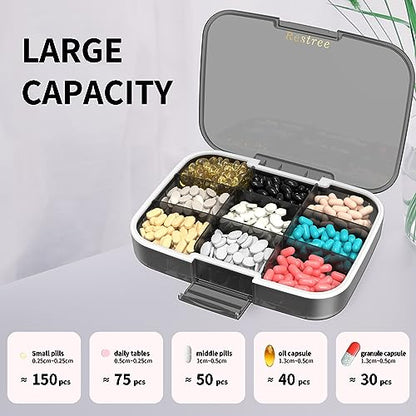 Restree Pill Organizer, Large & Moisture Proof Travel Pill Case, Adjustable Dividers for Daily Vitamins, Supplements, Fish Oil - Portable Medicine Box for Home & On-The-Go, 9 Compartment (Black)
