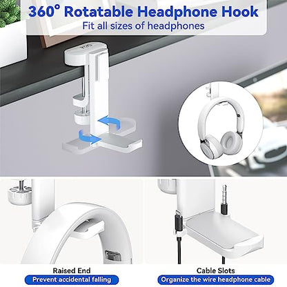 KDD 4-in-1 Desk Organizer - Under Desk Cup Holder and Headphone Hanger with 2 Wire Holes - Rotating Hanger and Detachable Storage for Cup, Phone and Pen (White)