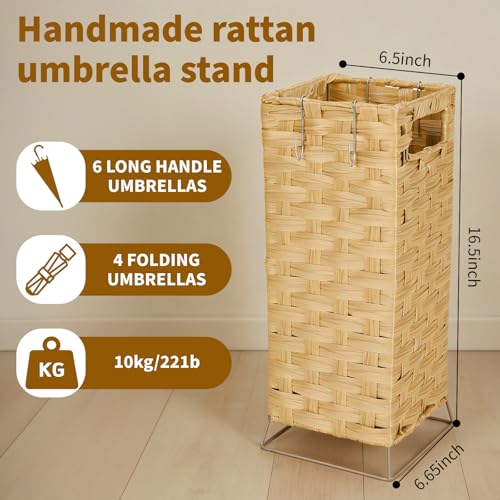 Umbrella Holder for Entryway - Handwoven Rattan Umbrella Stand Indoor with Water Reservoir Base, Durable Metal Hooks & Drip Tray, Stylish Umbrella Basket and Umbrella Storage Bucket