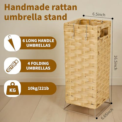 Umbrella Holder for Entryway - Handwoven Rattan Umbrella Stand Indoor with Water Reservoir Base, Durable Metal Hooks & Drip Tray, Stylish Umbrella Basket and Umbrella Storage Bucket