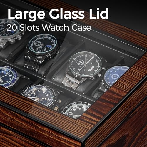 BEWISHOME High-End Watch Box 20-Slot Wooden Watch Case with Large Glass Lid | 2-Layer Watch Cases for Men, Watch Storage, Watch Organizer, Synthetic Leather Interior, Brown