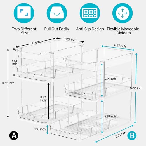 Delamu 2 Sets of 3-Tier Bathroom Under Sink Organizers and Storage, Multi-Purpose Stackable Pantry Organization and Storage, Pull Out Clear Kitchen Bathroom Cabinet Organizer with Movable Dividers | Storage