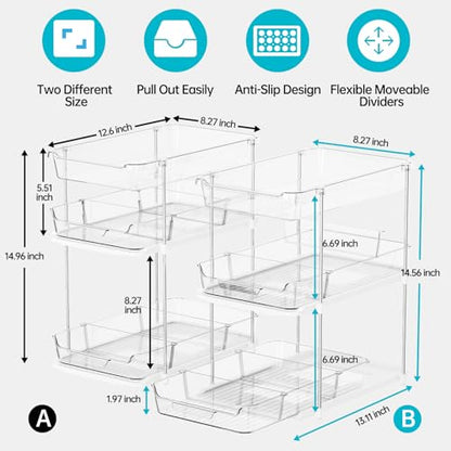 Delamu 2 Sets of 3-Tier Bathroom Under Sink Organizers and Storage, Multi-Purpose Stackable Pantry Organization and Storage, Pull Out Clear Kitchen Bathroom Cabinet Organizer with Movable Dividers | Storage