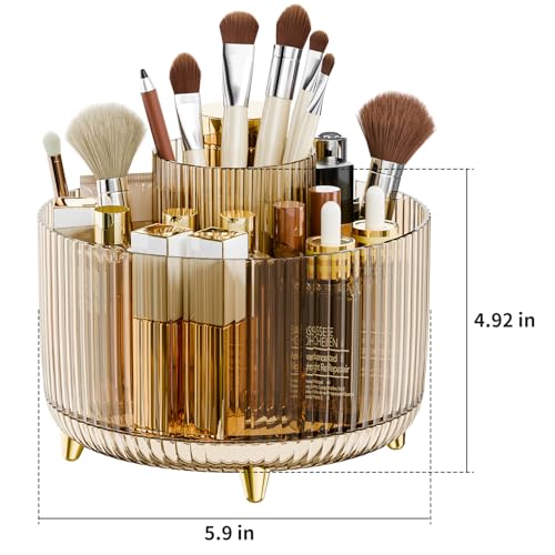 fanado 360° Rotate Makeup Brush Holder Organizer, Makeup Organizers Countertop, Makeup organization and Skincare Storage for Vanity, Desktop, Bathroom (Clear Amber)