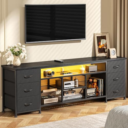 Furologee LED TV Stand for 65, 70 Inch TV, 63 Inch Entertainment Center with Power Outlets, 6 Fabric Drawers Dresser for Bedroom, Media Console with Open Shelves, PU Leather Surface, Black