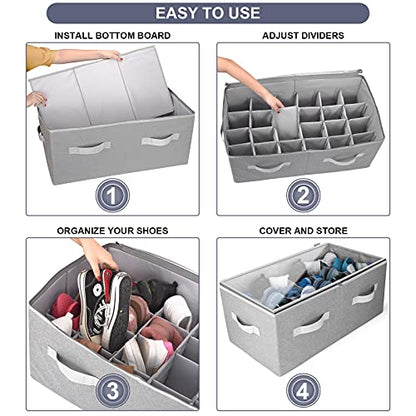 Shoe Organizer Closet Storage Solution with Clear Cover & Adjustable Dividers for Shoes, Handbags, Blankets, Linen, Clothing (Large - 24 Pairs, Grey)