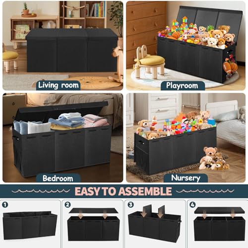 Extra Large Toy Box with Lids, Collapsible Storage Bin, 38"x16"x14",Black | Sturdy Chest Basket with Dividers for Boys & Girls, Bedroom Nursery Playroom Organization