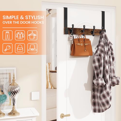 Over The Door Hooks Heavy Duty, Wood Over Door Hanger Hook with Coat Hooks for Hanging Towels, Clothes, Hats, Bags - Rustic Brown Black