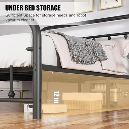 Shintenchi Queen Size Metal Platform Bed Frame with Headboard & Footboard, Steel Slat Mattress Foundation, Under Bed Storage, Noise-Free, No Box Spring Needed, Black Round