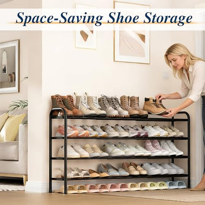 ENJOYBASICS 4 Tier Expandable Shoe Rack, Metal Small Shoes Shelf, Black | Free Standing Shoe Holder for 24 Pairs, Sturdy Shoe Organizer for Closet, Entryway, Under Bed ,Front Door, Bedroom