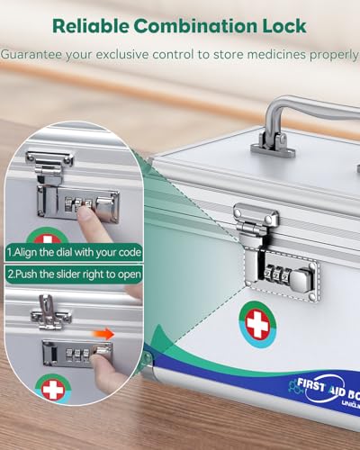 Uniclife Medicine Lock Box,10x6x6.5 in, Medication Lock Box With Code | Security combination lock, robust aluminum construction, portable carry handle, removable ABS tray, ideal for home & office
