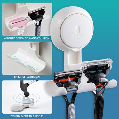 TAILI Suction Cup Razor Holder in Shower 2 Pack, Towel, Loofah, Shaver Holder for Bathroom Wall, Powerful Suction Cup Shower Hooks, Easy to Install and Reuse, White