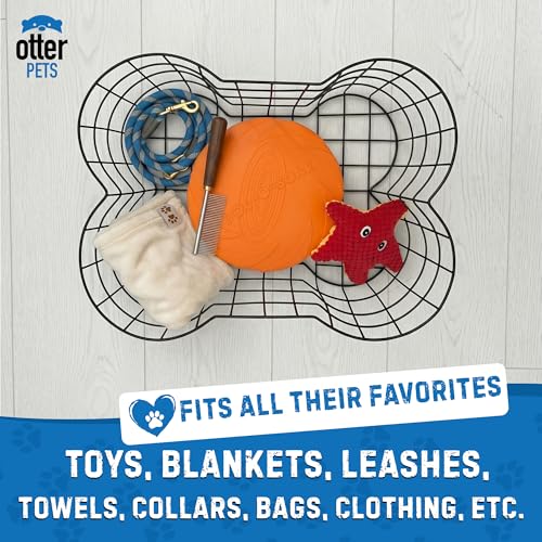 OtterPets Metal Dog Toy Basket Bone Shaped Indestructible Dog Toy Bin 17x13 | 17" long, 13" wide, 7" tall, metal wire dog storage organizer, dog toy bin, dog toy box, pet toy basket, dog toy storage