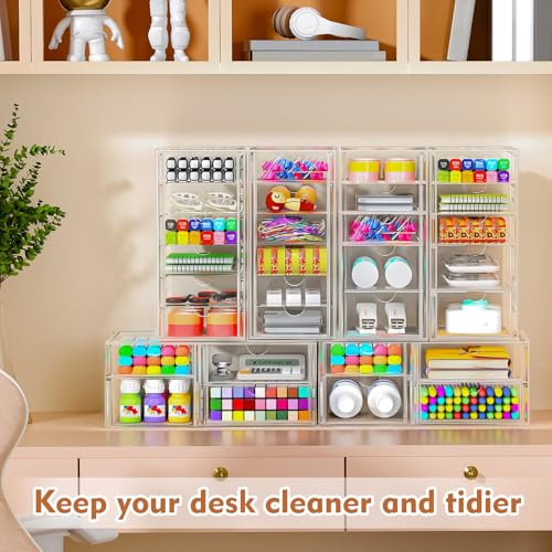 Acrylic 13-Drawer Storage & Makeup Organizer for Desk, Bath | Smooth-glide drawers, clear acrylic, stackable, dustproof, wipe-clean, for eyeliners, lip liners, markers, push pins,pen