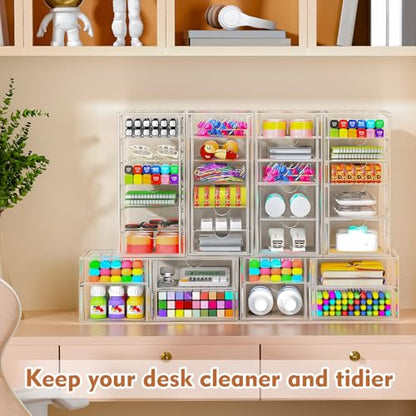 Acrylic 13-Drawer Storage & Makeup Organizer for Desk, Bath | Smooth-glide drawers, clear acrylic, stackable, dustproof, wipe-clean, for eyeliners, lip liners, markers, push pins,pen