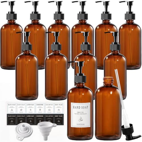 12 Pack 16oz Amber Glass Bottles with Pump Dispensers | Refillable Soap Dispensers for Shampoo, Conditioner, Lotion & Body Wash, Bathroom & Kitchen, Includes 2 Funnels & 12 Labels