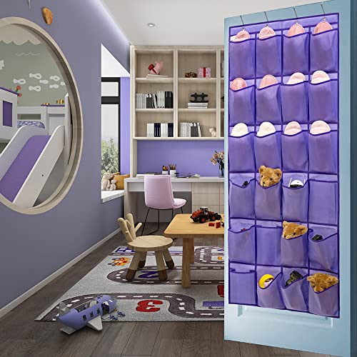 Over The Door Hanging Shoe Organizer Shoe Rack Hanger 24 Large Fabric Pockets Holder with 4 Sturdy Hooks (PURPLE)