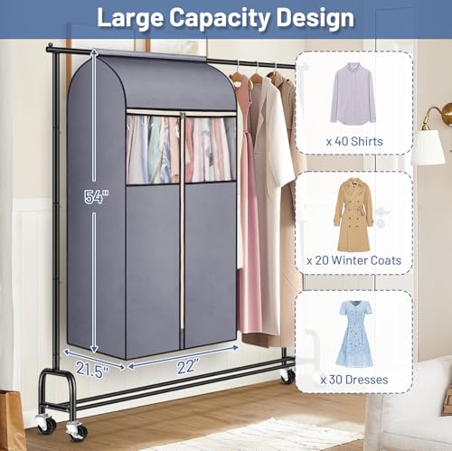 SLEEPING LAMB 54'' Hanging Garment Bags for Closet Storage Sealed Completely Jackets Coats Suits Clothes Rack Cover for Wardrobe with Clear PVC Window, 2 Packs, Grey(Hanging Rod Not Included)
