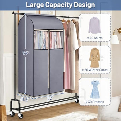 SLEEPING LAMB 54'' Hanging Garment Bags for Closet Storage Sealed Completely Jackets Coats Suits Clothes Rack Cover for Wardrobe with Clear PVC Window, 2 Packs, Grey(Hanging Rod Not Included)