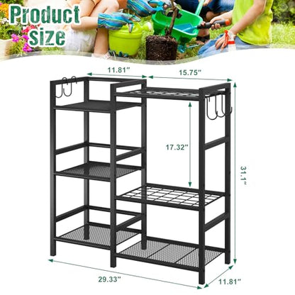 keomaisyto Garden Tool Organizer with Large Hooks, Garage Storage Rack | 3 Tier Yard Tool Holder with 35 Long-Handled Tool Slots, Heavy Duty Garden Tool Rack for Shed, Yard, Garage