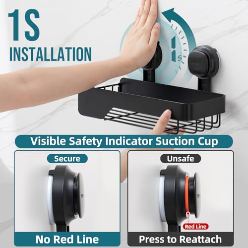 TAILI Shower Caddy Suction Cup Rustproof Metal Visible indicator Black | 2 Pack Rustproof,No Drilling Wall Mounted Basket, Upgraded Removable Suction Cup Bathroom Organizer Heavy Duty Shampoo