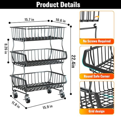 Gsiekare 3-Tier Rolling Pantry Organizer and Storage Cart with Wheels | Stackable wire pantry baskets for pantry shelves, fruit basket stand, easy to move, storage rack for food snack onion potato