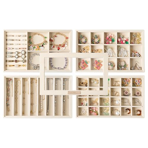 Stackable Jewelry Trays,Set of 4 Jewelry Organizer for Drawer | Glass Lid,Removable Dividers,Real Stackable Design,Velvet Material,Drawer Inserts,Jewelry Box for Earring Rings and Necklace