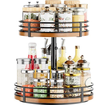 Lazy Susan Turntable Organizer Adjustable - 2 Tier Wood Rotating Spice Rack 12 Inch Lazy Susan for Kitchen Countertop Cabinet Pantry Cupboard Dining Table Bathroom Coffee Bar Home Storage