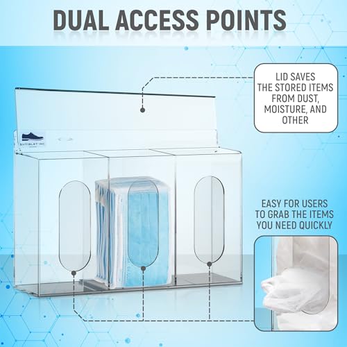 LLC Clear Acrylic Medical Organizer Hygiene Station with Lid - 3 Compartment Glove Dispenser Wall Mount Container for Face Masks, Hairnet, Glovebox - Hair Net Dispenser
