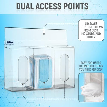LLC Clear Acrylic Medical Organizer Hygiene Station with Lid - 3 Compartment Glove Dispenser Wall Mount Container for Face Masks, Hairnet, Glovebox - Hair Net Dispenser