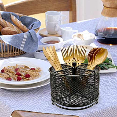 DysanVica 360° Rotating Metal Utensil Caddy - 4 Compartment Silverware Cutlery Holder Rotation Fork Spoon Napkin Organizer Flatware Storage Basket Party Countertop Buffet Picnic Camping Outdoor Black
