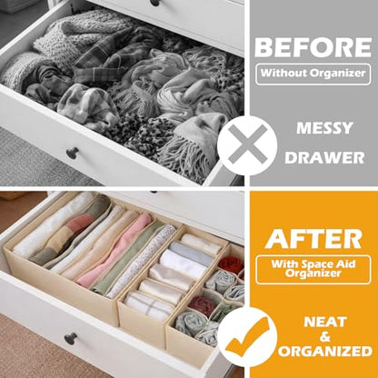 Soft Scarf Organizer for Closet Drawer 3 Set Fabric Storage Bins with 6, 7, and 8 Compartments for Scarves and Accessories Space Saving Closet Organizers Non Damaging Flexible Storage for Home (Beige)