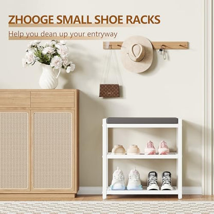 Small Shoe Bench Shoe Rack Storage Bench Entryway Bench Shoe Shelf with Seat Cushion, Stable Shoe Organizer for Entryway, Living Room, Bench Seat Holds Up to 300 lb, (18"L x 12"W x 17"H, White)